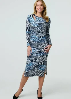 Izabel London Blue Animal Print Cut Out Detail Bodycon Midi Dress