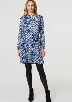 Izabel London Blue Animal Print Long Sleeve Short Shirt Dress