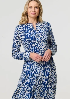 Izabel London Blue Animal Print Long Sleeve Short Shirt Dress