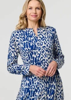 Izabel London Blue Animal Print Long Sleeve Short Shirt Dress