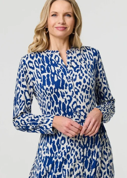 Izabel London Blue Animal Print Long Sleeve Short Shirt Dress