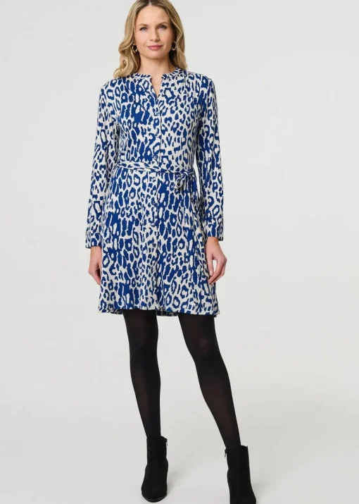 Izabel London Blue Animal Print Long Sleeve Short Shirt Dress