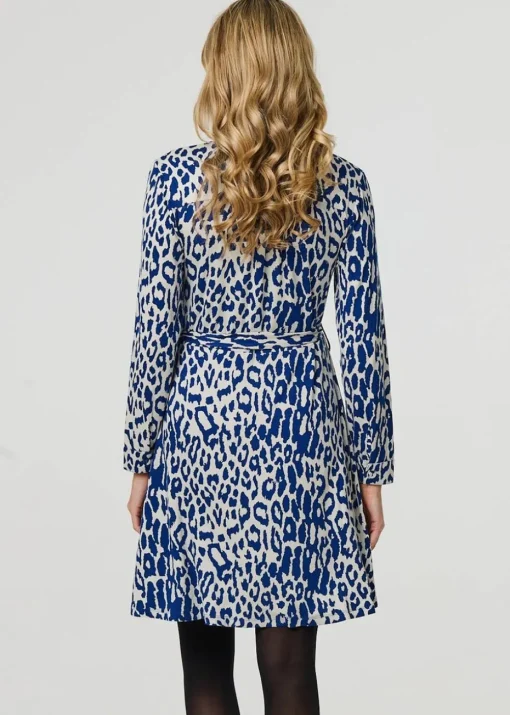 Izabel London Blue Animal Print Long Sleeve Short Shirt Dress