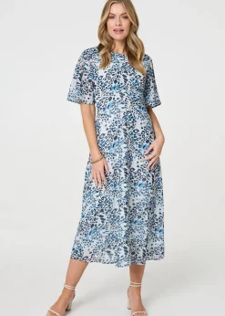 Izabel London Blue Animal Print Flared Sleeve Midi Dress