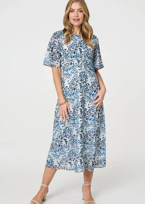 Izabel London Blue Animal Print Flared Sleeve Midi Dress