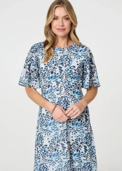 Izabel London Blue Animal Print Flared Sleeve Midi Dress