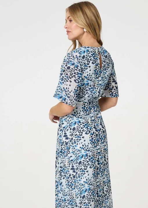 Izabel London Blue Animal Print Flared Sleeve Midi Dress