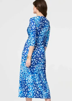 Izabel London Blue Animal Print 3/4 Sleeve Midi Wrap Dress