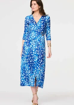 Izabel London Blue Animal Print 3/4 Sleeve Midi Wrap Dress