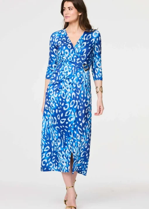 Izabel London Blue Animal Print 3/4 Sleeve Midi Wrap Dress