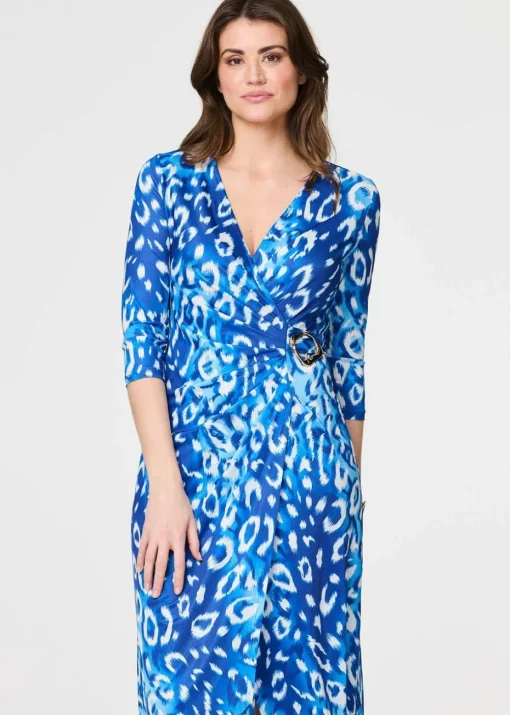 Izabel London Blue Animal Print 3/4 Sleeve Midi Wrap Dress