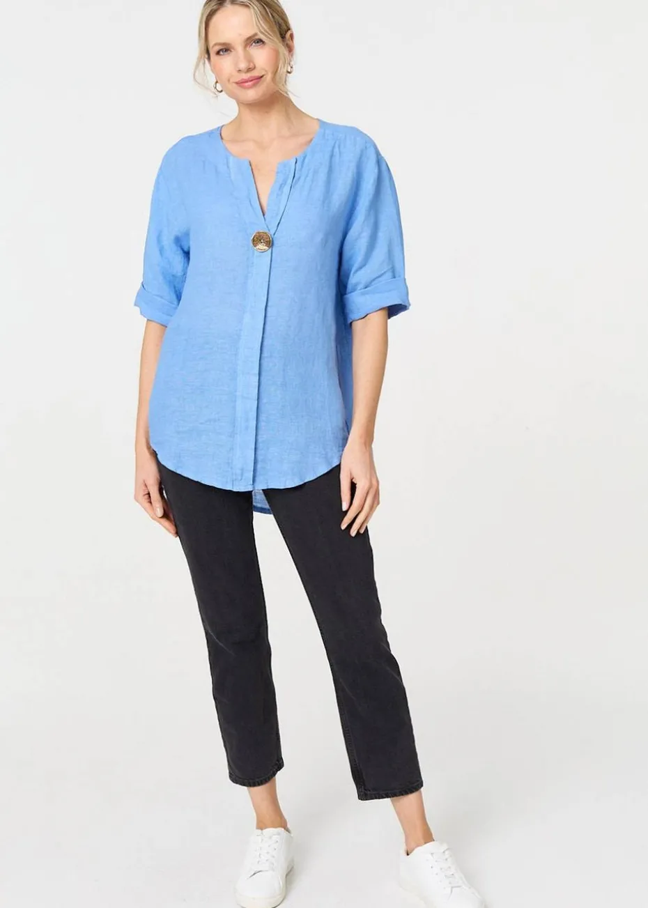Izabel London Blue Button Detail V-Neck Blouse