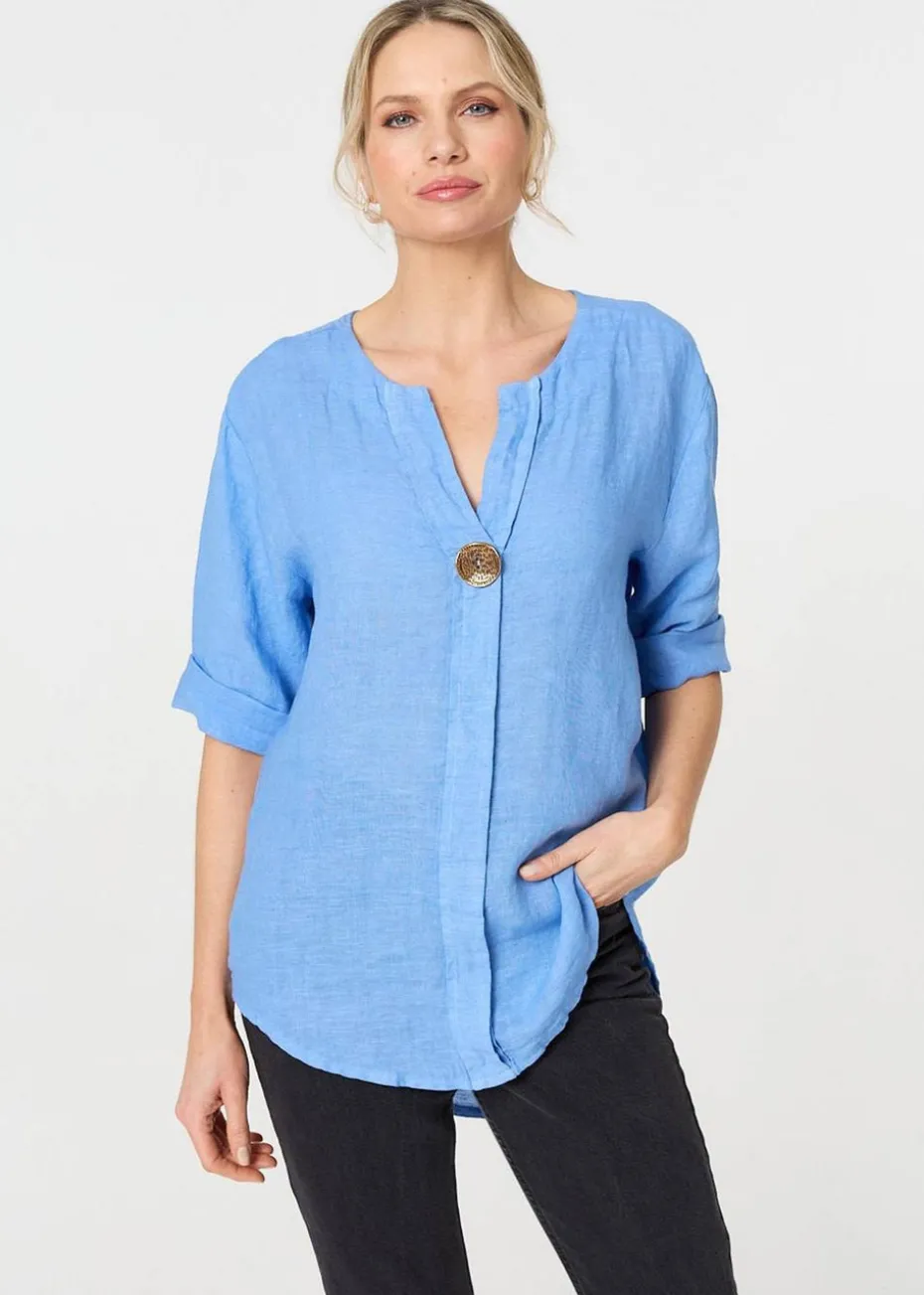 Izabel London Blue Button Detail V-Neck Blouse