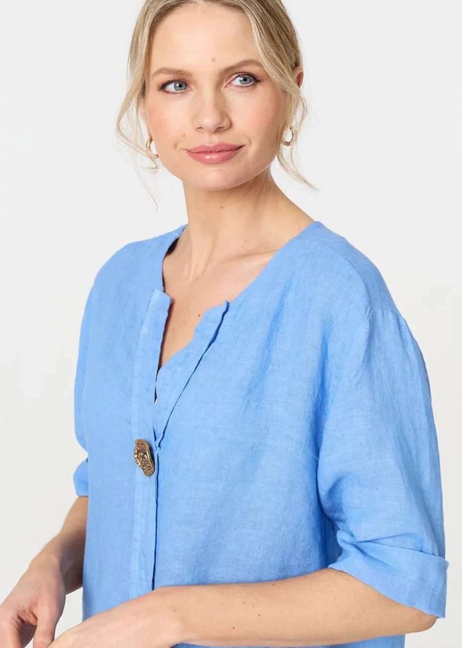 Izabel London Blue Button Detail V-Neck Blouse