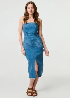 Izabel London Blue Denim Strapless Bodycon Midi Dress