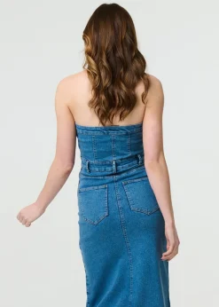 Izabel London Blue Denim Strapless Bodycon Midi Dress