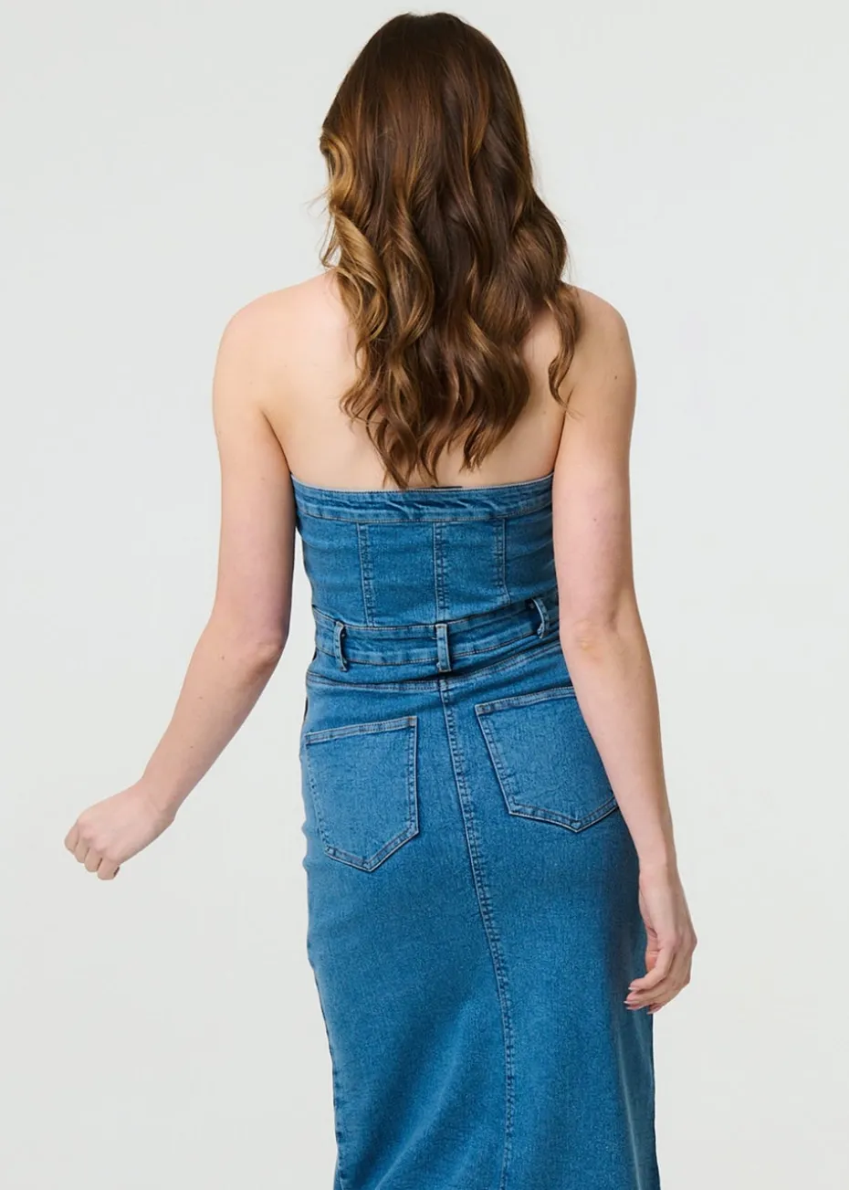 Izabel London Blue Denim Strapless Bodycon Midi Dress