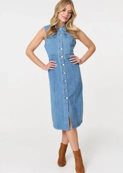 Izabel London Blue Denim Button Sleeveless Midi Shirt Dress