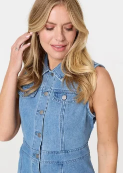 Izabel London Blue Denim Button Sleeveless Midi Shirt Dress