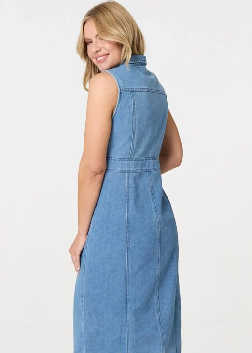 Izabel London Blue Denim Button Sleeveless Midi Shirt Dress