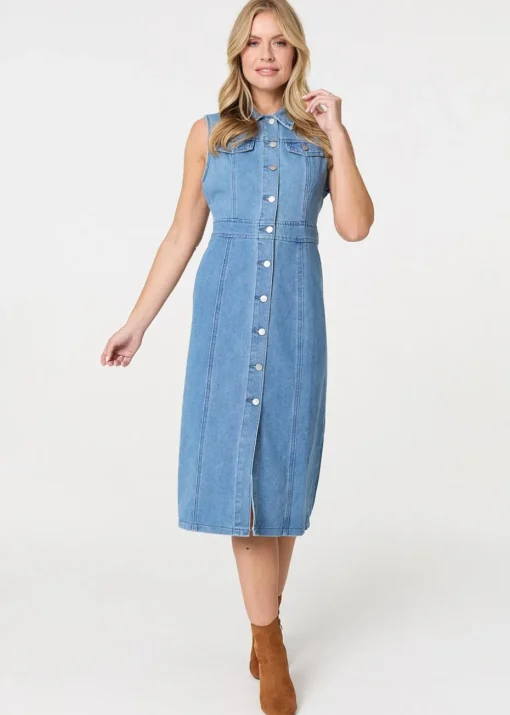 Izabel London Blue Denim Button Sleeveless Midi Shirt Dress