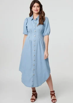 Izabel London Blue Denim Puff Sleeve Ruched Maxi Shirt Dress