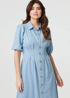 Izabel London Blue Denim Puff Sleeve Ruched Maxi Shirt Dress