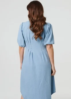 Izabel London Blue Denim Puff Sleeve Ruched Maxi Shirt Dress