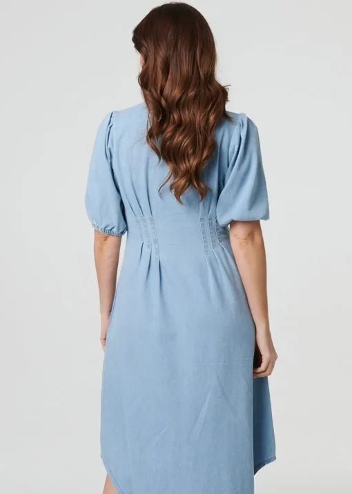 Izabel London Blue Denim Puff Sleeve Ruched Maxi Shirt Dress
