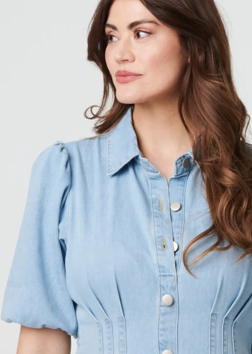 Izabel London Blue Denim Puff Sleeve Ruched Maxi Shirt Dress