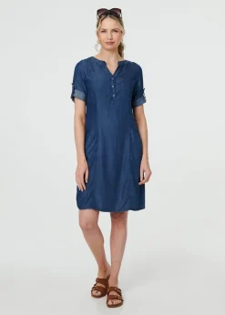 Izabel London Blue Denim Relaxed Button Front Short Dress