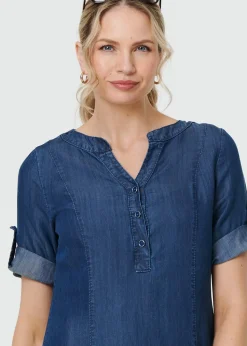 Izabel London Blue Denim Relaxed Button Front Short Dress