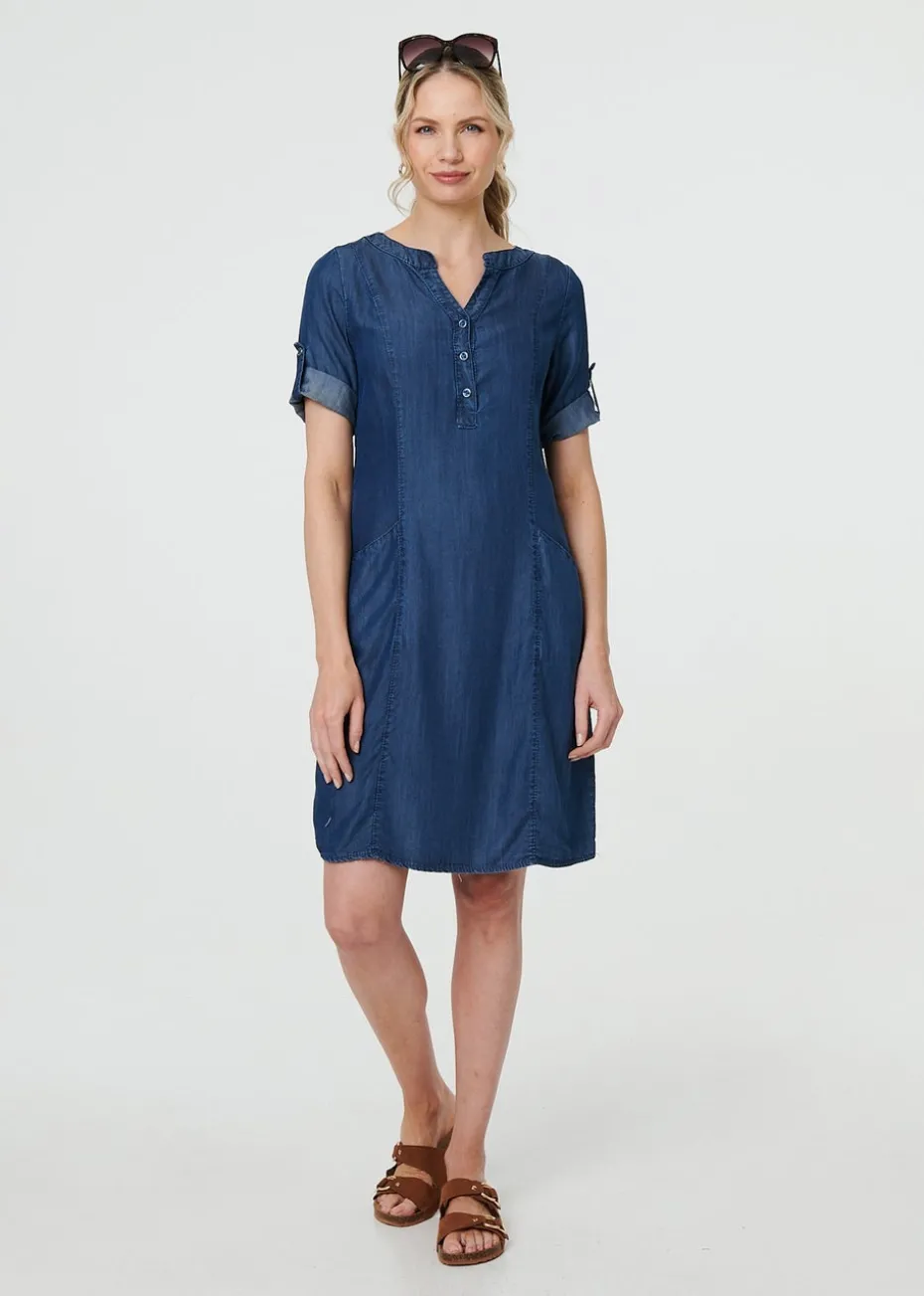 Izabel London Blue Denim Relaxed Button Front Short Dress