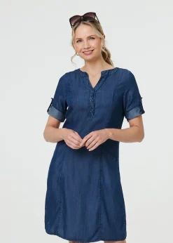 Izabel London Blue Denim Relaxed Button Front Short Dress