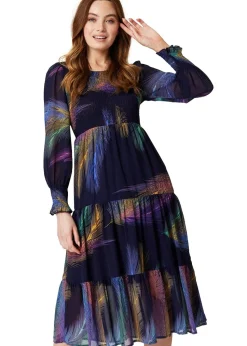 Izabel London Blue Feather Print Midi Smock Dress