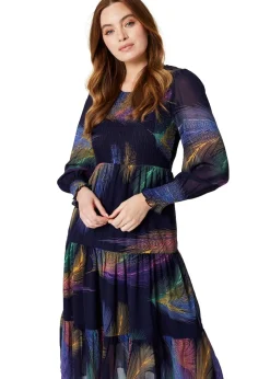 Izabel London Blue Feather Print Midi Smock Dress