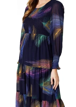 Izabel London Blue Feather Print Midi Smock Dress