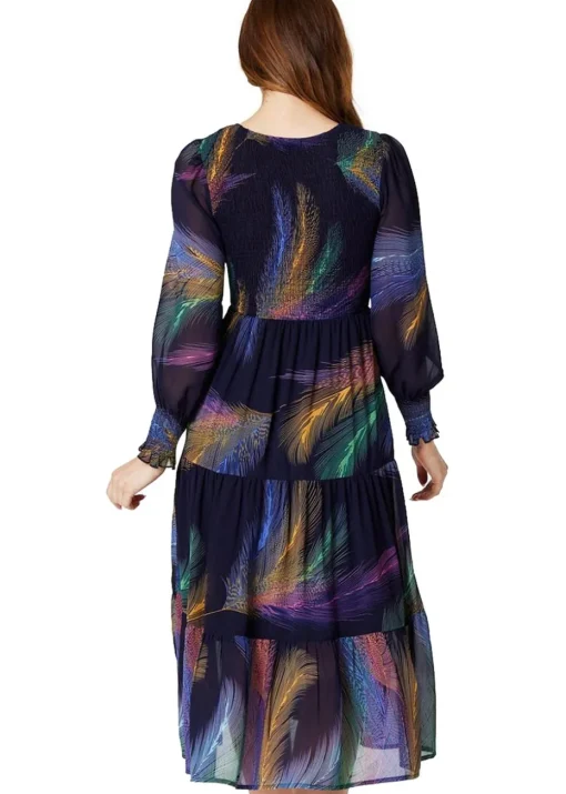 Izabel London Blue Feather Print Midi Smock Dress