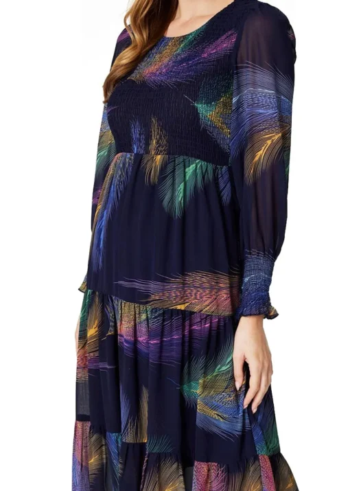 Izabel London Blue Feather Print Midi Smock Dress