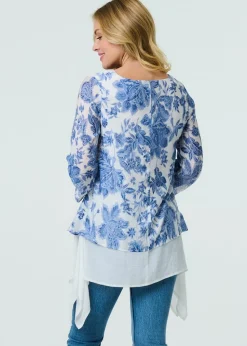 Izabel London Blue Floral Layered High Low Tunic