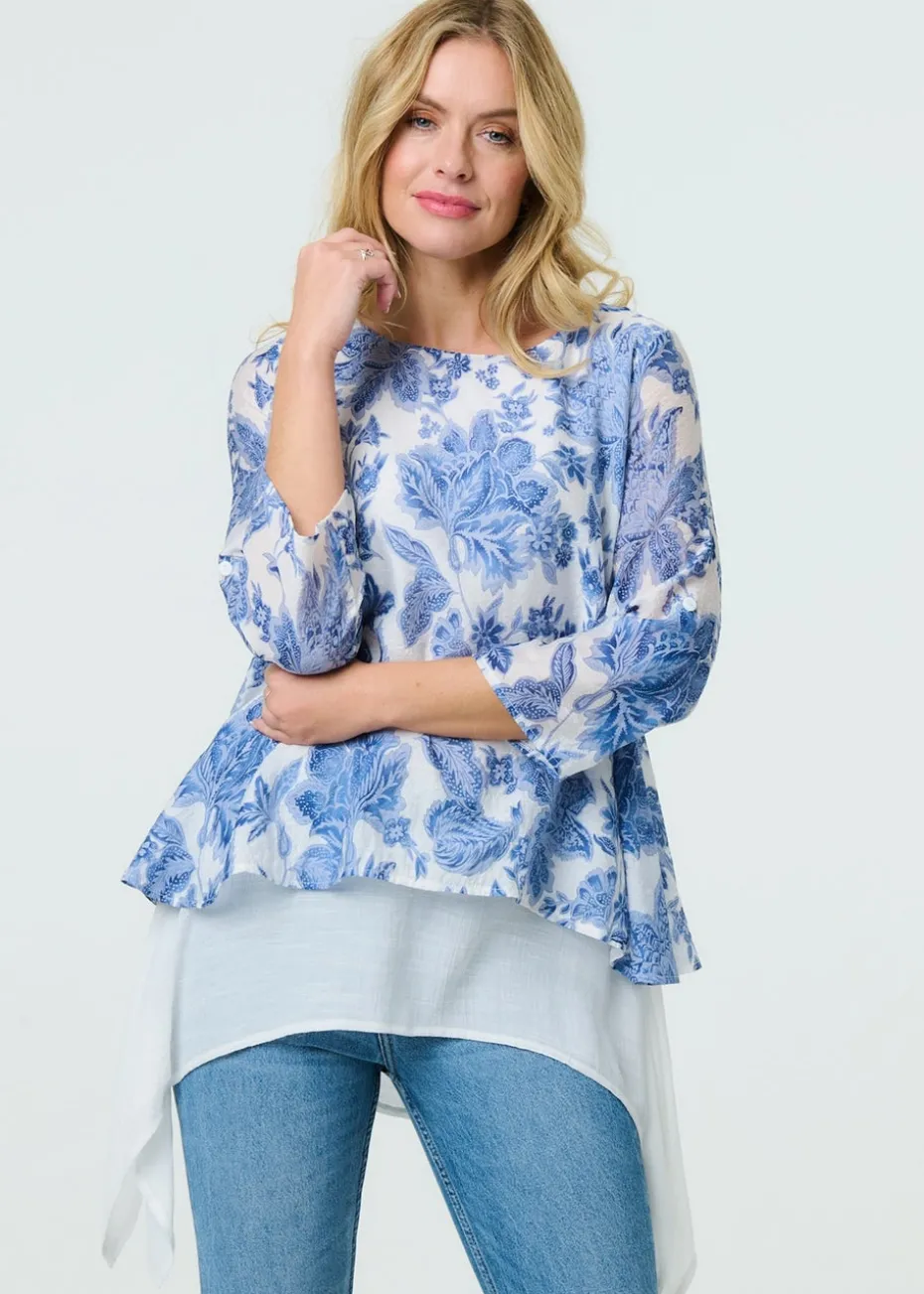 Izabel London Blue Floral Layered High Low Tunic