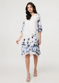 Izabel London Blue Floral 3/4 Sleeve Layered Hem Midi Dress