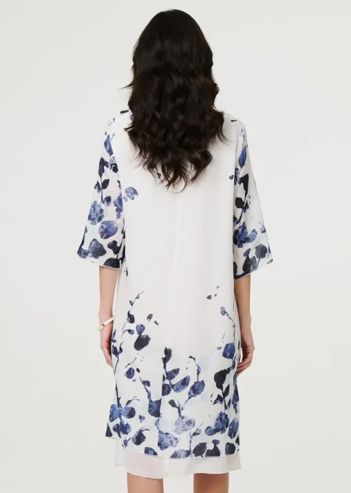 Izabel London Blue Floral 3/4 Sleeve Layered Hem Midi Dress