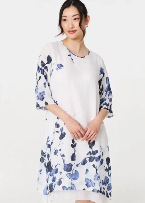 Izabel London Blue Floral 3/4 Sleeve Layered Hem Midi Dress