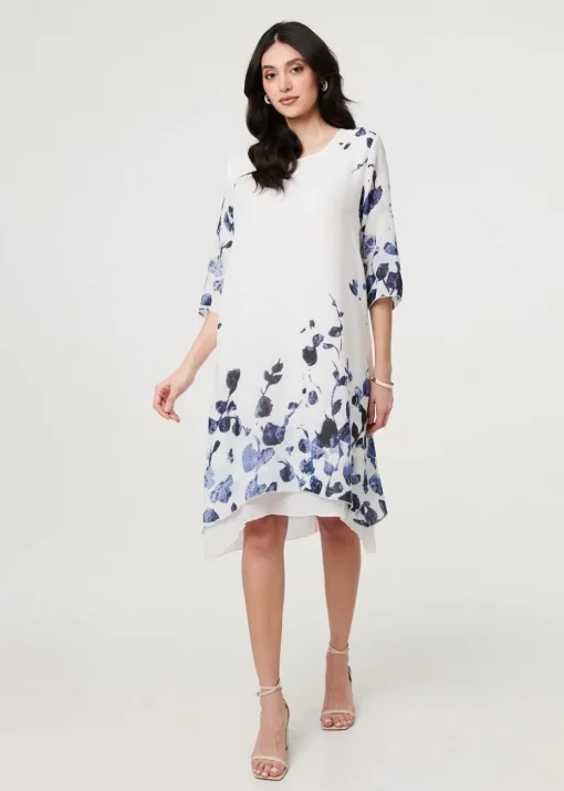 Izabel London Blue Floral 3/4 Sleeve Layered Hem Midi Dress