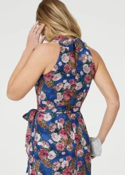 Izabel London Blue Floral Frill Hem Midi Halter Dress