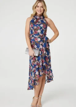 Izabel London Blue Floral Frill Hem Midi Halter Dress