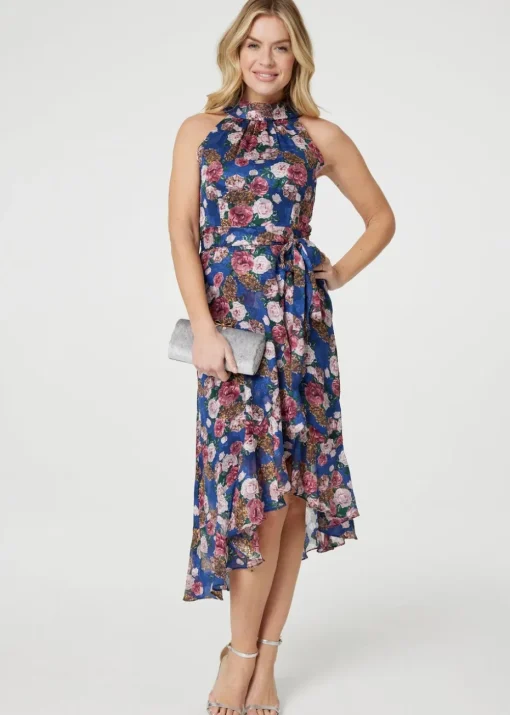 Izabel London Blue Floral Frill Hem Midi Halter Dress