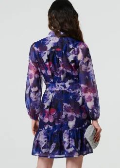 Izabel London Blue Floral Tie Waist Mini Shirt Dress