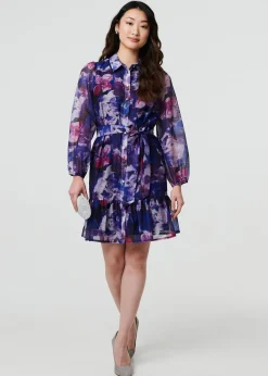 Izabel London Blue Floral Tie Waist Mini Shirt Dress